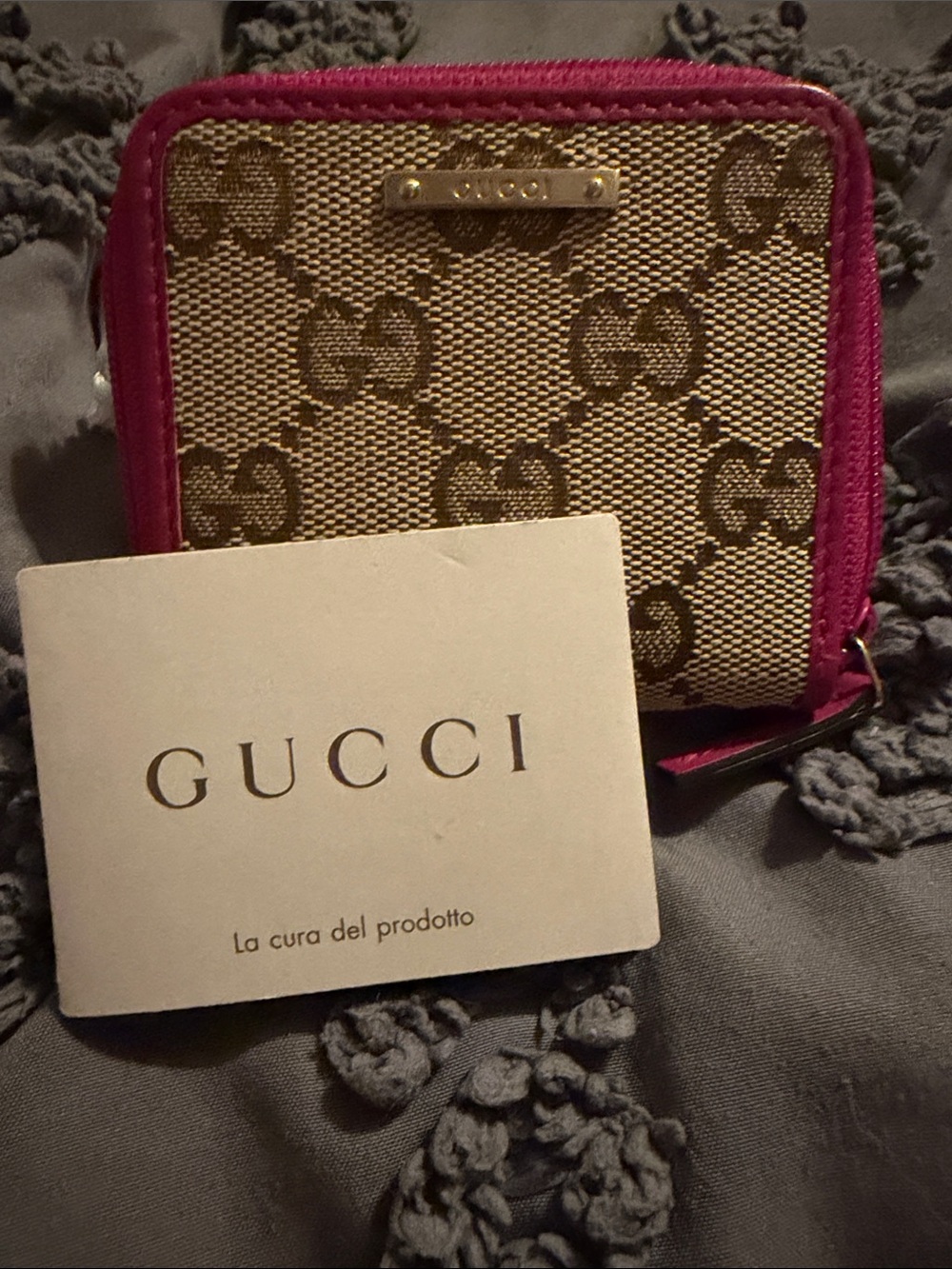 Gucci Beige GG Canvas Coin purse with Pink Trim